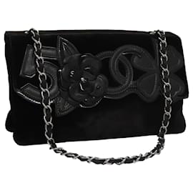 CHANEL Borsa a Spalla Chain Camelia in Pelle Velour Nera Argento CC Auth yk16500