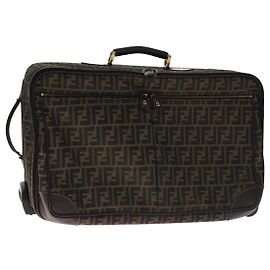 FENDI Zucca Canvas Borsa da Trasporto Boston Nera Marrone Auth mr869