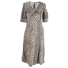 Vestido midi de algodão marrom com estampa de onça Ganni