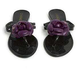 Chanel Sandales Mules Tongs Camelia Black Purple Flats Mules Flip Flops Tongs UK3.5 US6