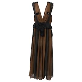 Vestido maxi plissado com decote profundo Chloé em chiffon de seda marrom e preto