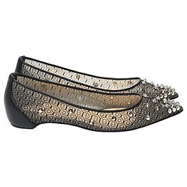  Christian Louboutin Lace Spike-Embellished Ballet Flats in Black Polyester 