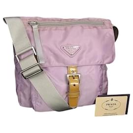 Borsa a tracolla incrociata in nylon tessuto rosa con logo Prada