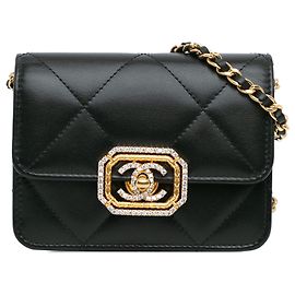 Chanel schwarzer gesteppter Kalbsleder-Kartenhalter mit Strass