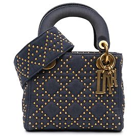 Dior Mini Denim Cannage Studded Morbido Lady Dior Blu