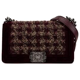 Chanel Rosso Vecchio Medio in Velluto e Tweed Boy Flap