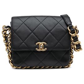 Chanel Preto Pequeno Flap de Couro Matelassado com Corrente de Moldura