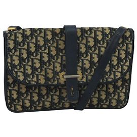 Borsa a spalla in tela Trotter Christian Dior blu navy oro Auth 110662