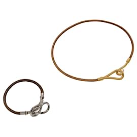 Hermès Bracelet Collier en Cuir HERMES 2Set Beige Auth bs21522
