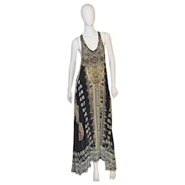 Vestido de verano largo sin mangas de seda 100% impresa y con cuentas, escote en V y espalda nadadora Camilla