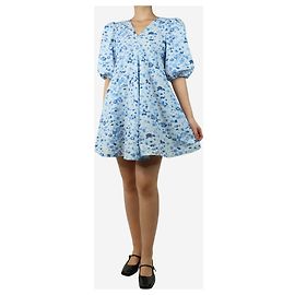 Ganni Vestido mini floral de mangas abullonadas azules - talla UK 8
