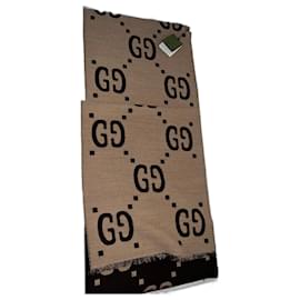 Gucci Schal GG Muster Wolle und Seide braun beige