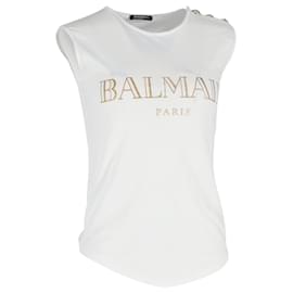 Camiseta sin mangas de algodón blanco con estampado del logo de Balmain
