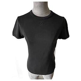 Top Chanel con logo doppio CC in cotone nero