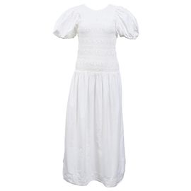 Vestido midi em popeline franzida Ganni em algodão orgânico branco