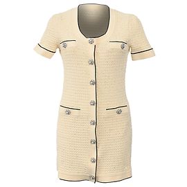 Self portrait Abito mini in maglia con paillettes e scollatura a U in poliestere crema