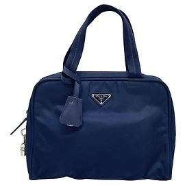 Prada Dunkelblaues Logo Boston Tote Handtasche