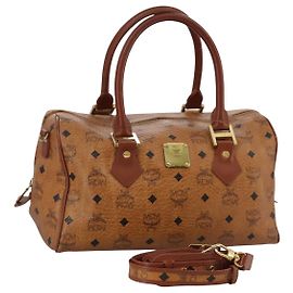 MCM Vicetos Logogram Mini Boston Bag in pelle PVC 2 vie marrone oro Auth ki5381