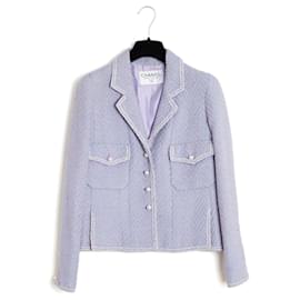 Chanel 1995 Blazer FR36 Lila Silber Wolle Tweed Jacken Ensemble UK8 US6
