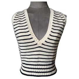 Chanel Gestreiftes Cashmere Crop Top Creme Navy Blau