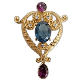 Broche Christian Dior 1970 Vintage Baño de Oro con Piedras de Cristal Azules y Moradas