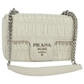 PRADA Borsa a Spalla con Catena Arricciata in Pelle Bianca Argento Auth mr992