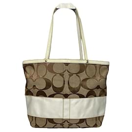Borsa a mano in cotone marrone Sufflette Signature di Coach