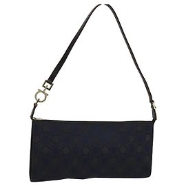 Borsa a mano Gancini in tela blu navy oro Auth yk17315 di Salvatore Ferragamo
