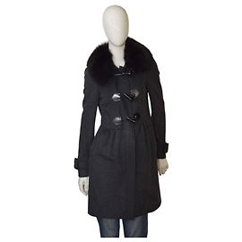 Manteau en mélange de laine vierge grise et noire et cachemire Burberry avec fourrure noire US 6, IT 40
