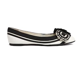 Ballerine Chanel EU38 Nero Bianco Pelle Nastro Cockade Scarpe Balletto Flat UK5 US7.5
