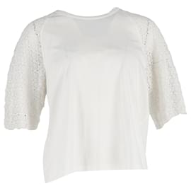 Camiseta de cuello redondo en algodón blanco con mangas de encaje Chloé