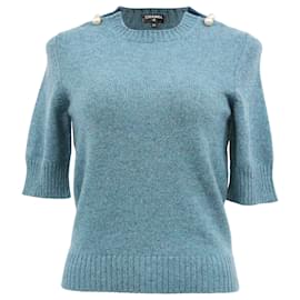 Kurzes, kurzärmliges Oberteil aus blauer Wolle mit perlenverzierten Strickdetails von Chanel