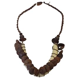Ethnic Tribal Wooden Discs and Leather V Shaped Bone Necklace Brown Cream - Autre Marque