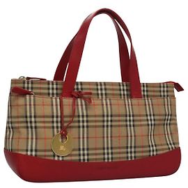 Borsa a mano in tela beige e rossa con motivo Nova Check di BURBERRY Auth 113293