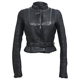 Giacca Celine con cintura e colletto alla mandarino in pelle nera - Céline