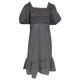 Ganni Gingham Midi-Kleid mit Puffärmeln aus schwarzer Baumwolle