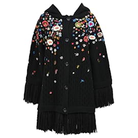 Red Valentino Rot Valentino bestickter Fransen-Cardigan aus schwarzer Wolle