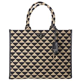  Prada Large Symbole Embroidered Tote Bag in Black and Beige Polyester