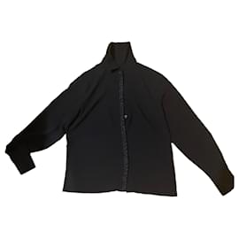 Camicia Blusa Chanel Blu Navy in Crepe con Profilo in Tweed