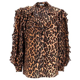 Miu Miu Leopardenmuster Rüschenshirt aus braunem Seidenstoff