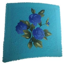 Foulard Yves Saint Laurent en soie bleu à fleurs