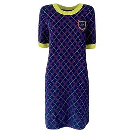 Chanel New CC Logo Patch Tartan Cashmere Kleid 40 FR