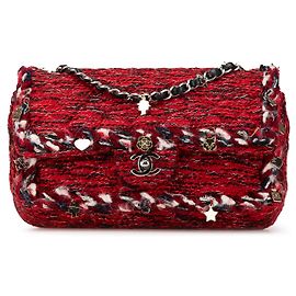 Chanel Rosso Medio Tweed Charm Trecce Doppio Flap