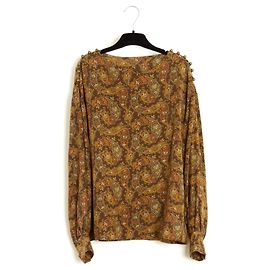 Chloé alrededor de 1985 Top FR38 Marrón Caqui Boteh Blusa de Seda UK10 US8 Chloe