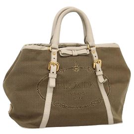 PRADA Borsa a mano in tela pelle beige bianco oro Auth am7707