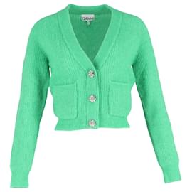 Ganni Strickjacke aus grüner Merinowolle mit Kristallverzierungen