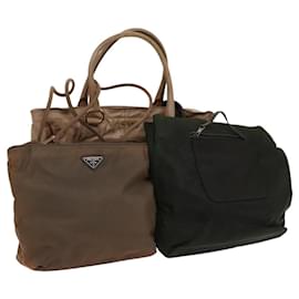 PRADA Borsa a mano in nylon pelle 3 pezzi khaki beige Auth bs22539