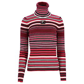 Maglione a collo alto a righe con decorazione CC di Chanel in lana rossa