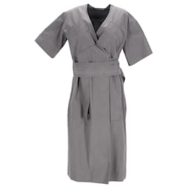 Grau Baumwoll-Midi-Kleid mit Gürtel und V-Ausschnitt sowie Taschen - Céline