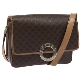Céline Bolso de hombro de lona Macadam CELINE, cuero PVC, marrón, dorado, auténtico 115903